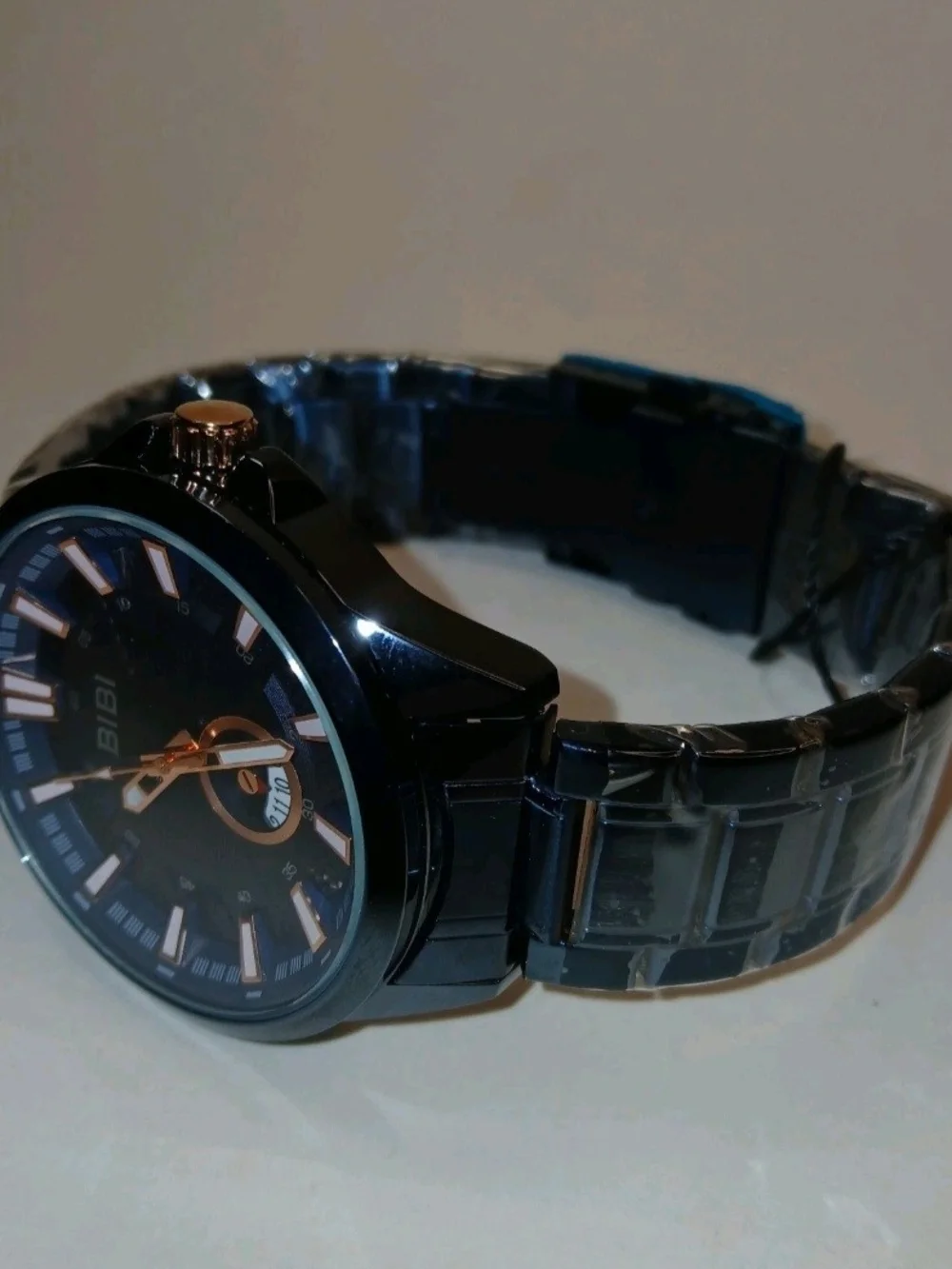 BiBi Mens Quartz Wristwatch Black Stainless Steel Blue Dial Rose Gold Accents...